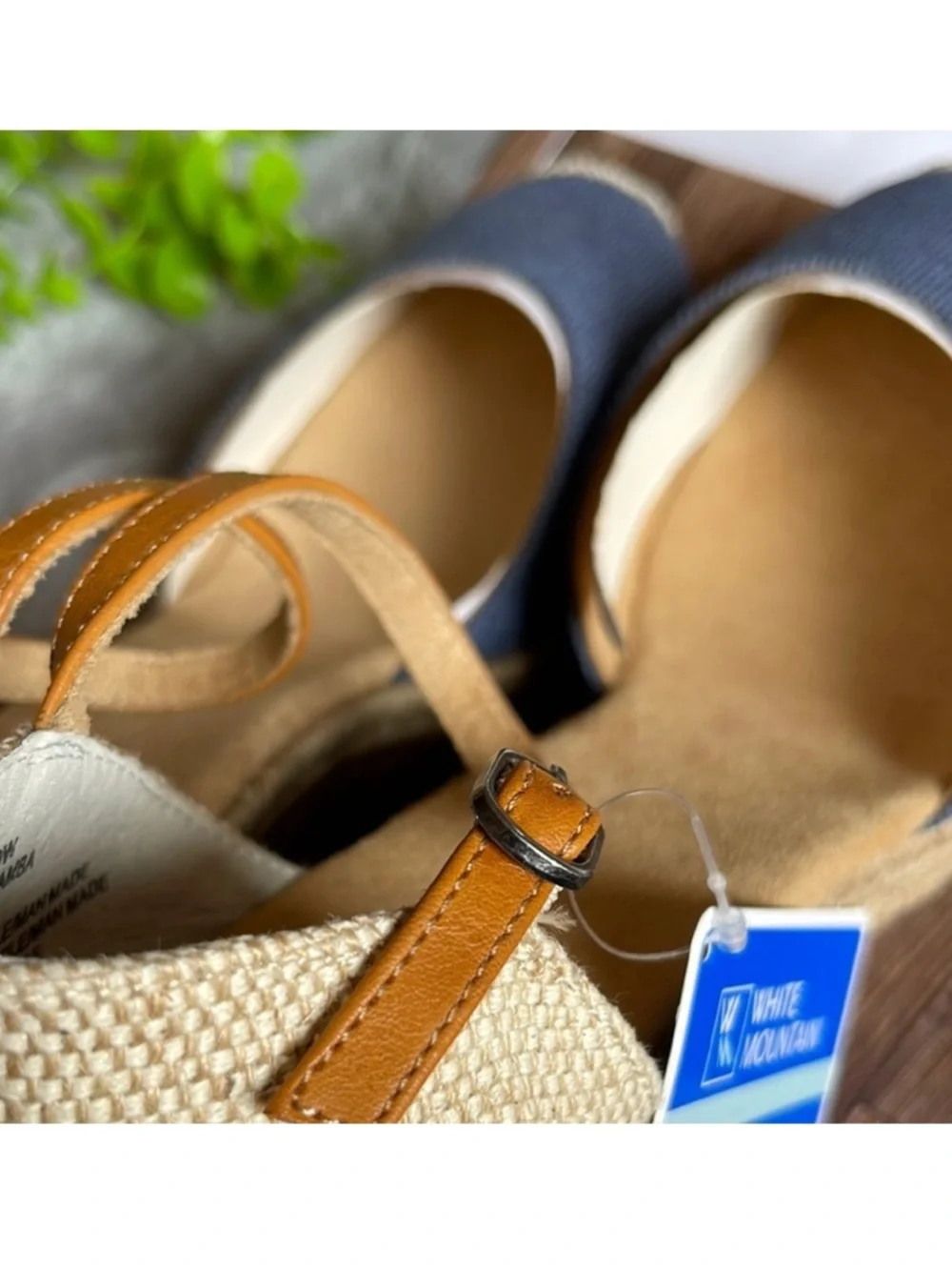 White Mountain Blue Canvas Espadrille Wedge Sandals with Tan Ankle Straps